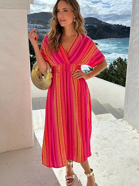 Fashion Musthaves Maxi Jurk Mousseline Neon Multicolor Roze