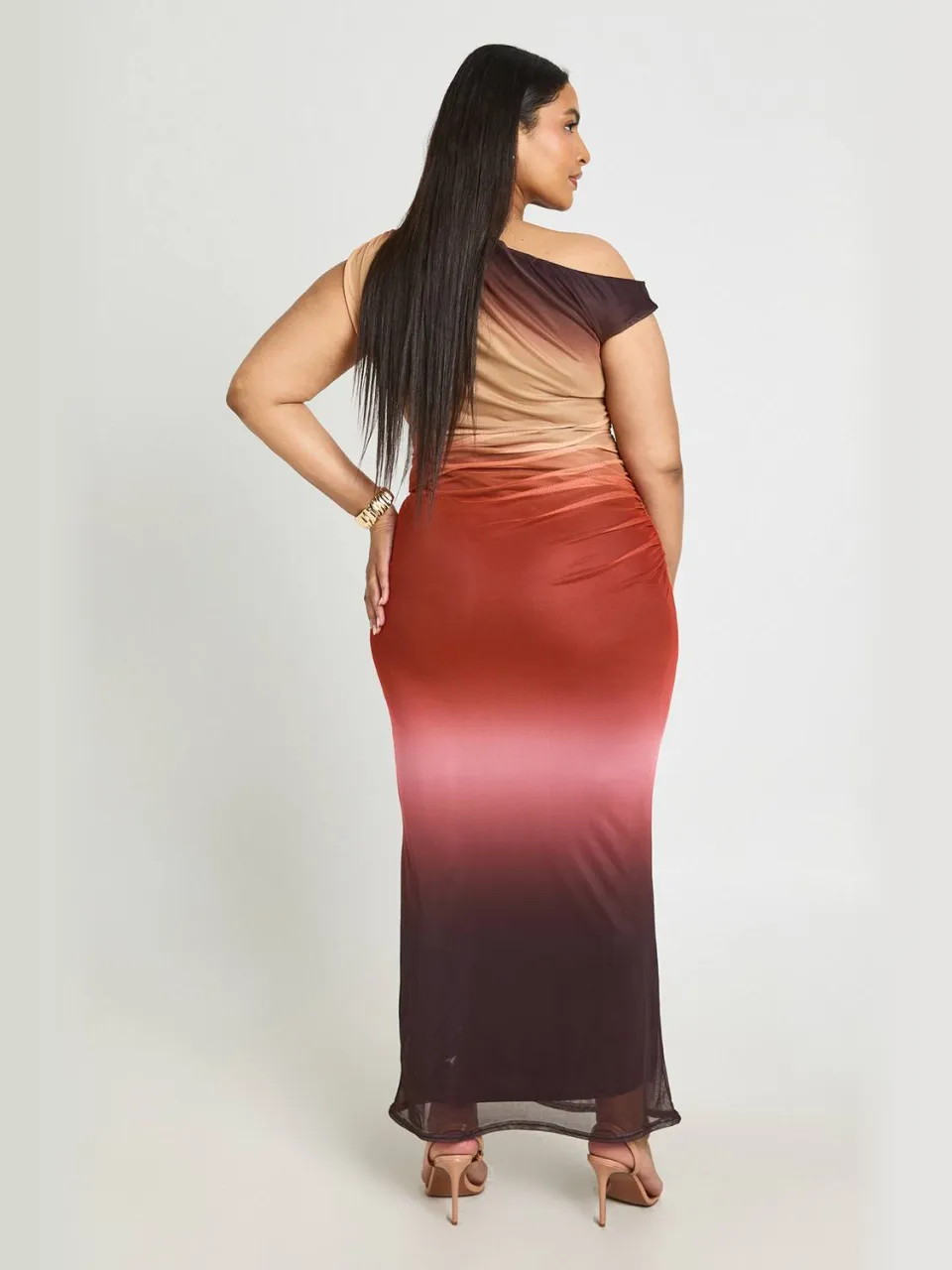 boohoo Dames Ombre Mesh Asymmetrische Maxi Jurk oranje, foto 2