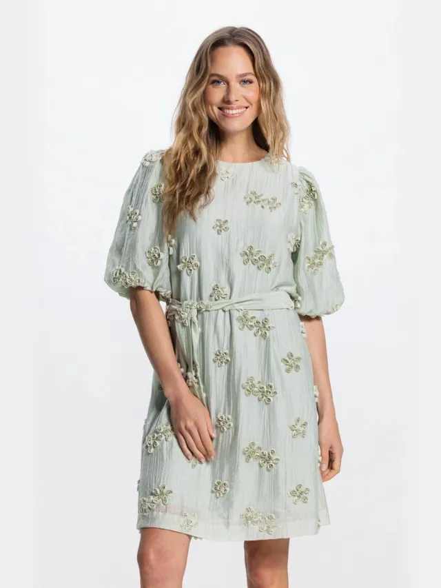 JANSEN Amsterdam Roxy Jurk 3df1 596 Short Puffed Sleeve 3d Flowers Dames - Jurk - Mint