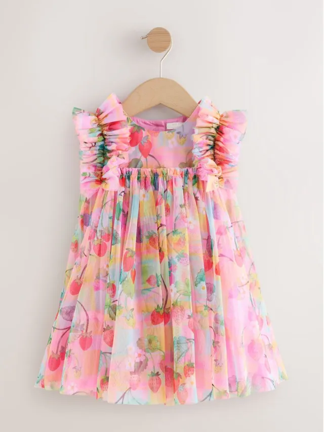 Next Meisjes - Mesh jurk met ruche op de schouders - Roze Pink