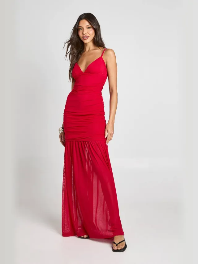 boohoo Dames Mesh Cami Maxi Jurk Met Mesh Zoom Rood