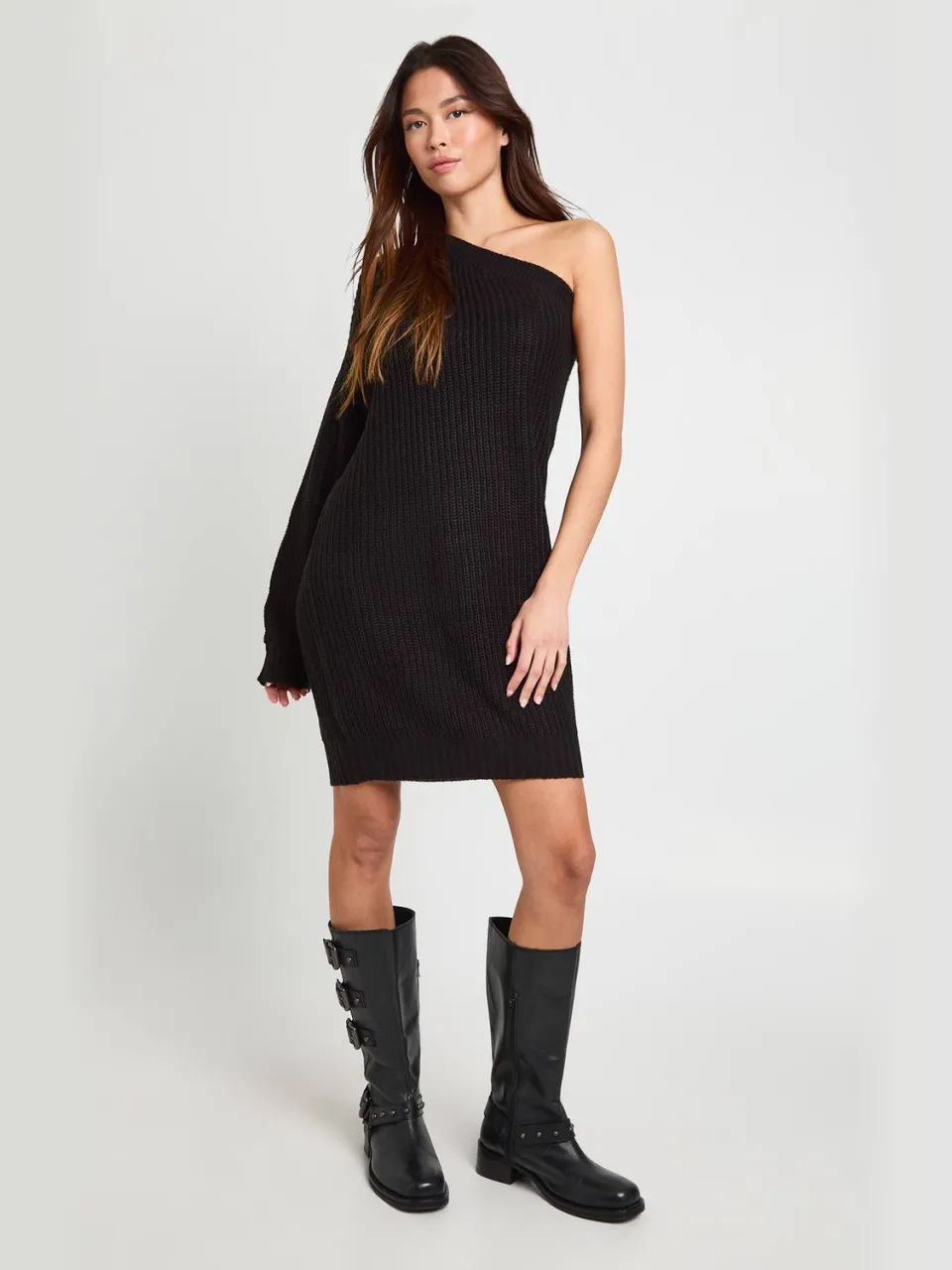 boohoo Dames Gebreide One Shoulder Mini Jurk zwart, foto 3