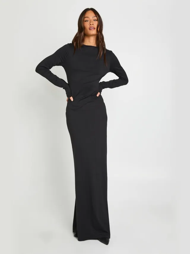 boohoo Dames Lange Basic Maxi Jurk Met Lange Mouwen Zwart
