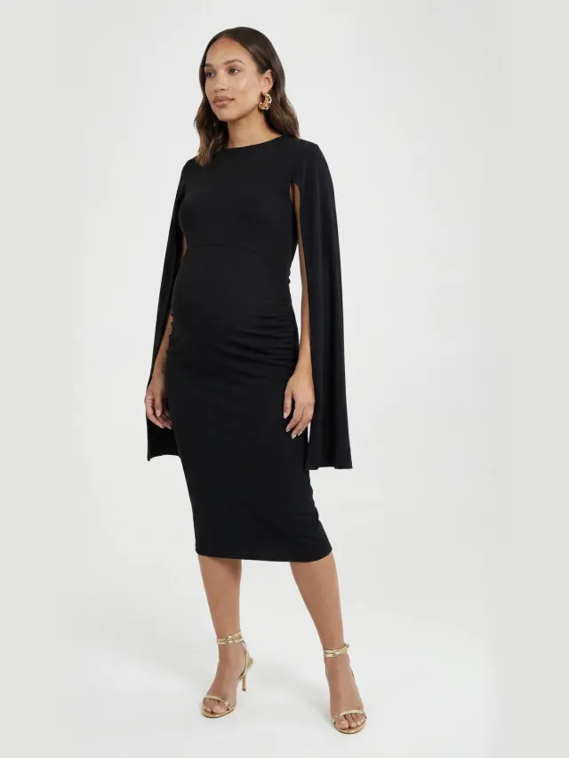 boohoo Dames Zwangerschaps Midi Bodycon Jurk Met Cape Mouwen Zwart