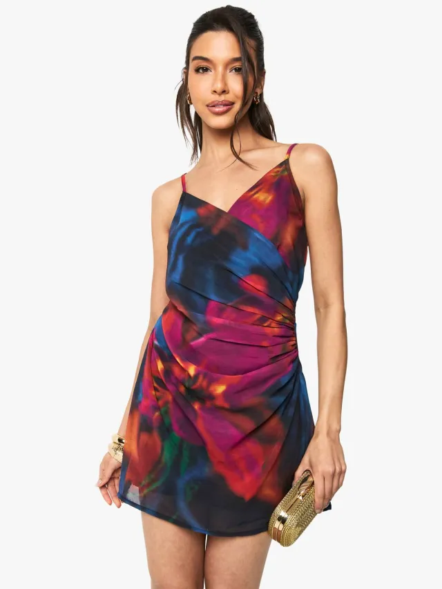 boohoo Dames Florale Chiffon Garnerede Zij Mini Jurk Zwart