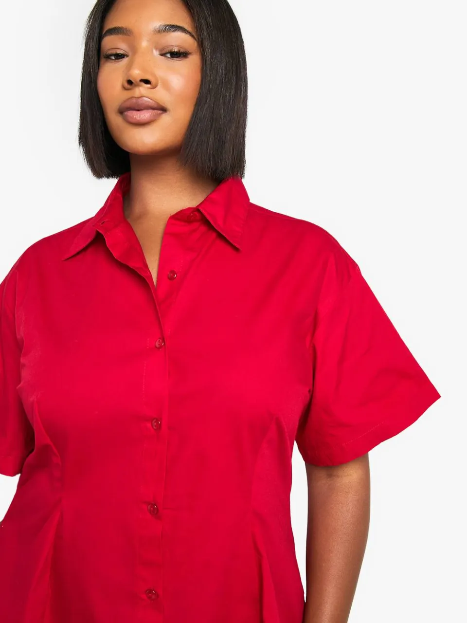 boohoo Dames Plus Poplin getailleerde overhemdjurk rood, foto 4
