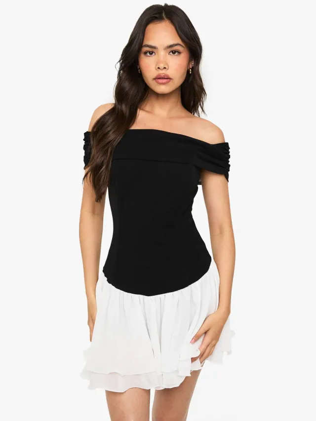 boohoo Dames Bardot Chiffon Mix Mini-jurk Zwart