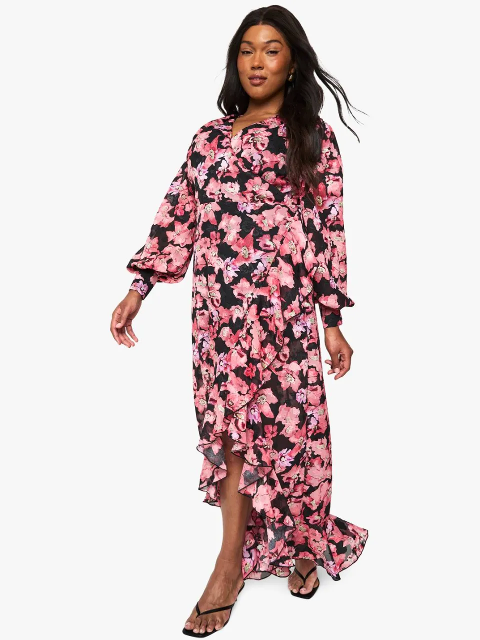 boohoo Dames Plus Floral Ruffle Wrap Maxi Jurk roze, foto 2