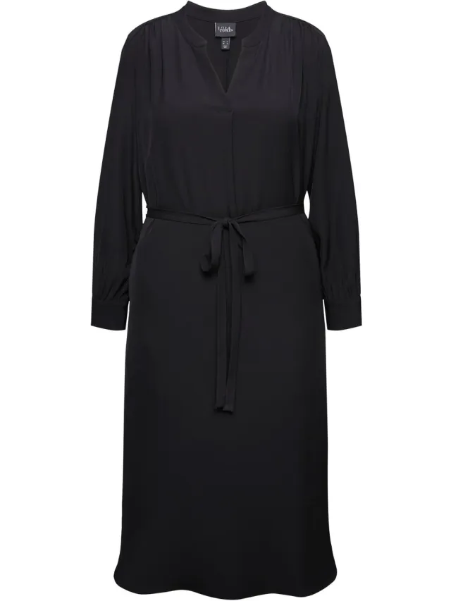 Ulla Popken Dames - Midi-jurk V-hals strikceintuur V-hals lange mouwen - Zwart