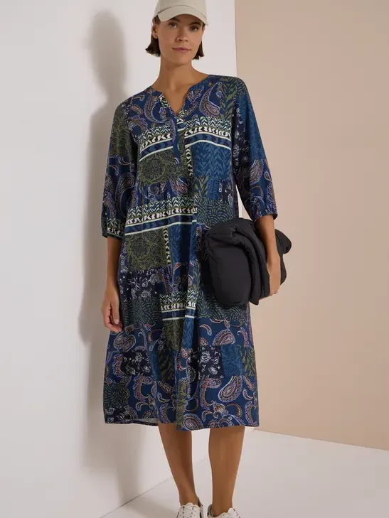 cecil Midi-jurk met split in de hals en patchwork-print Blauw