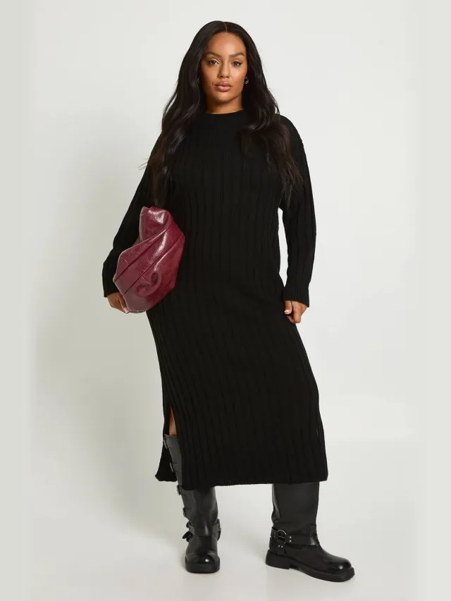 boohoo Dames Plus Chunky Rib Zachte Gebreide Midaxi Jurk Zwart
