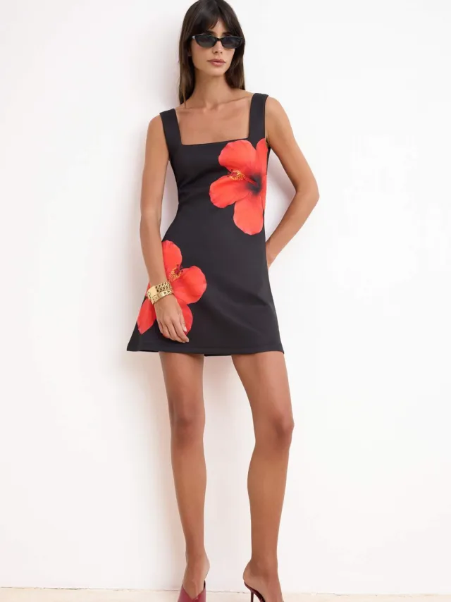Trendyol TRENDYOLMİLLA Dames Zwart Bloemen Extra Kort / Super Mini Mouwloos A-lijn Jurken