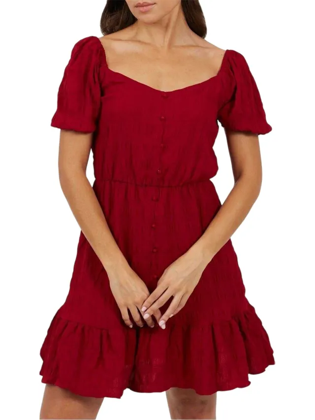 Brave Soul Mini-jurk met hartvormige halslijn en korte mouwen voor dames (Rood)