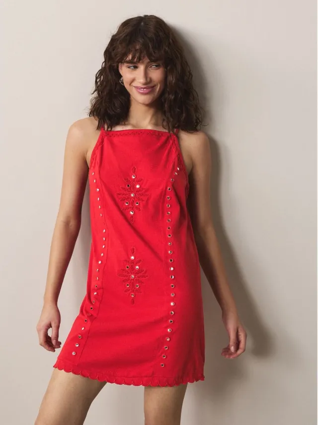 Next Dames - Mouwloze mini-jurk met vierkante hals en spiegeldetail - Rood Red