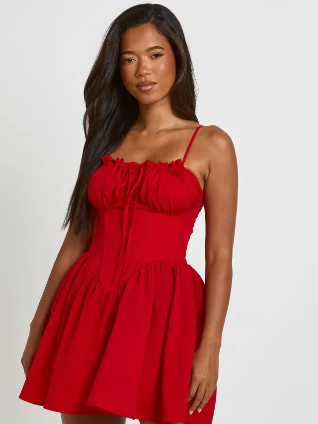 boohoo Dames Mini Jurk Met Corsetdetail En Kanten Zoom Rood