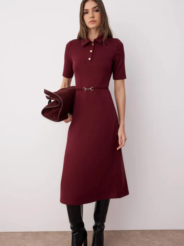 Trendyol TRENDYOLMİLLA Dames Bordeaux Effen Midi Kort Casual A-lijn Jurken Bordeauxrood