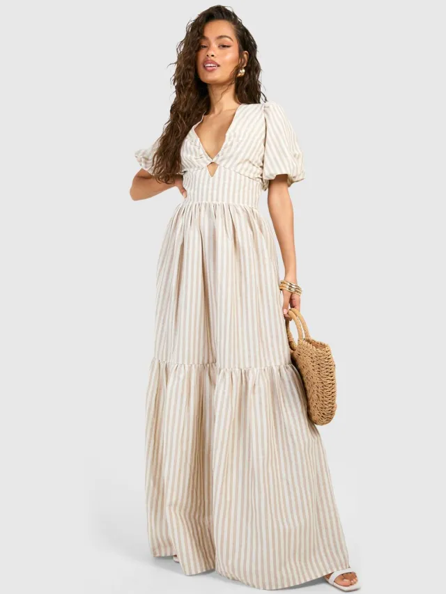 boohoo Dames Gestreepte Maxi Jurk met Lagen Steen