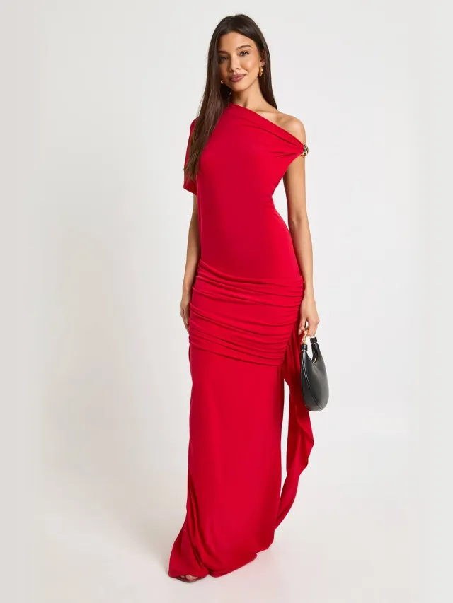 boohoo Dames Asymmetrische Maxi Jurk met Trim Details Rood