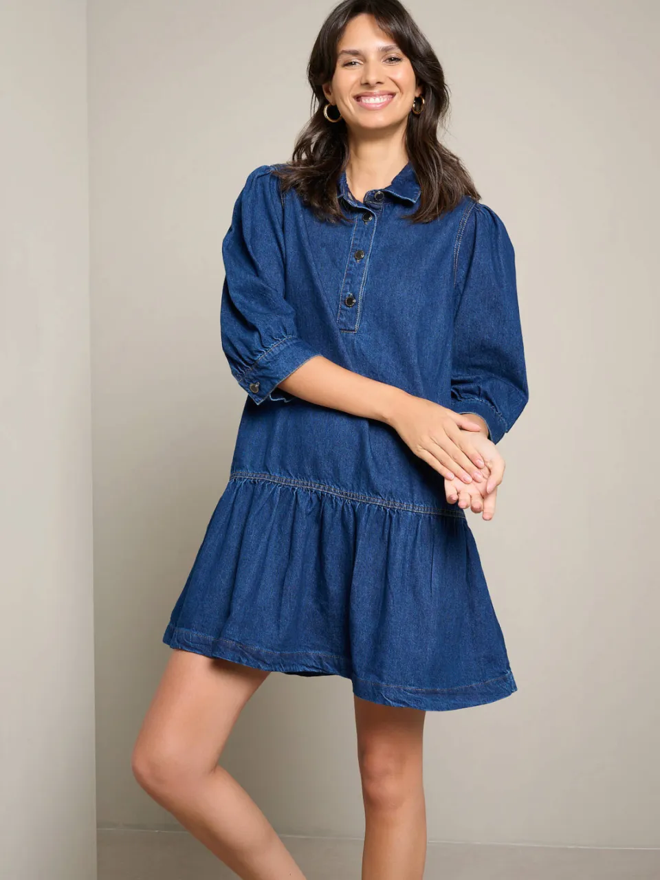 LOLALIZA spijkerjurk met ruches - donkerblauw Dark Blue Denim