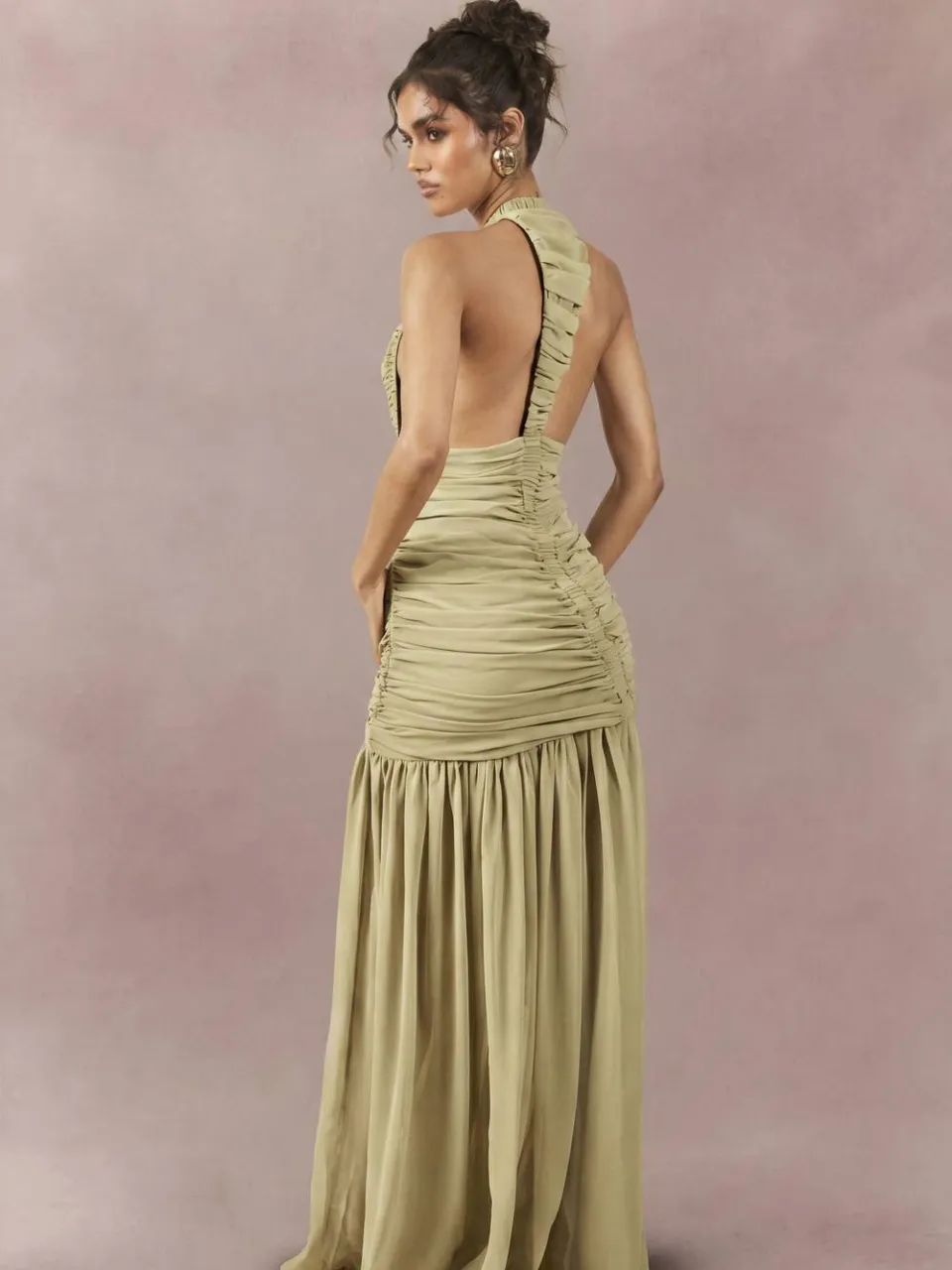 boohoo Dames Chiffon Extreme Geplooid Maxi-jurk Met Diepe Halslijn olijf, foto 3