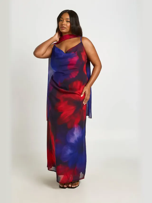 boohoo Dames Plus Bloemen Chiffon Cowl Hals Maxi Jurk Druif