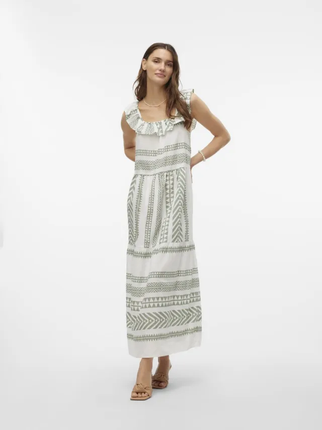 Vero Moda VMDICTHE SL ANKLE DRESS WVN GA - Dames - Maxi jurken Snow White / Aop Ibiza Hedge Green