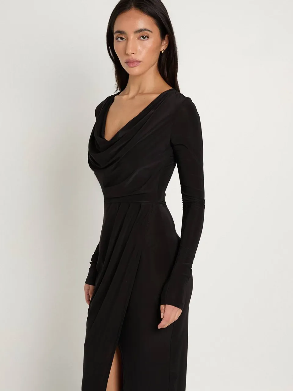 boohoo Dames Slinky Gerimpelde Wikkel Maxi Jurk Met Lange Mouwen zwart, foto 2