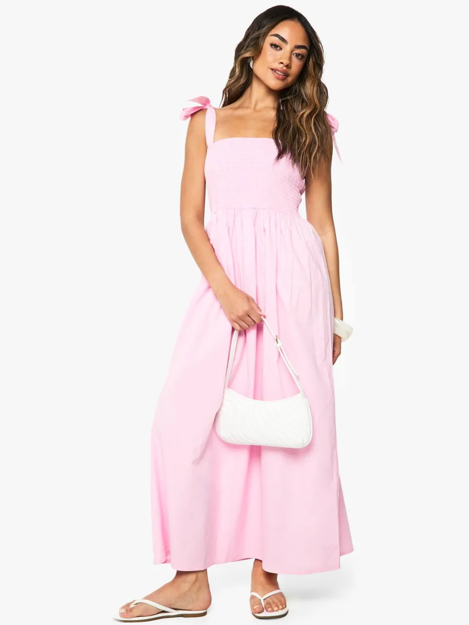 boohoo Dames Maxi-jurk van poplin met geraffeld lijf en bandjes om vast te knopen roze, foto 3