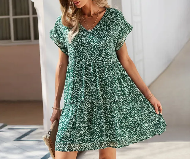 ASTRADAVI Casual Chic - Dames Zomer Jurk - Mooie V-hals Chiffon Ruches Jurk - Bloemen Groen - Small
