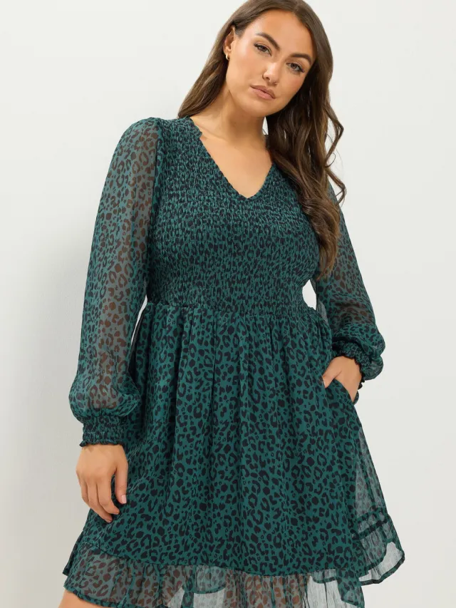 Yours Groene Smockjurk Van Chiffon Met Luipaardprint-52 Green
