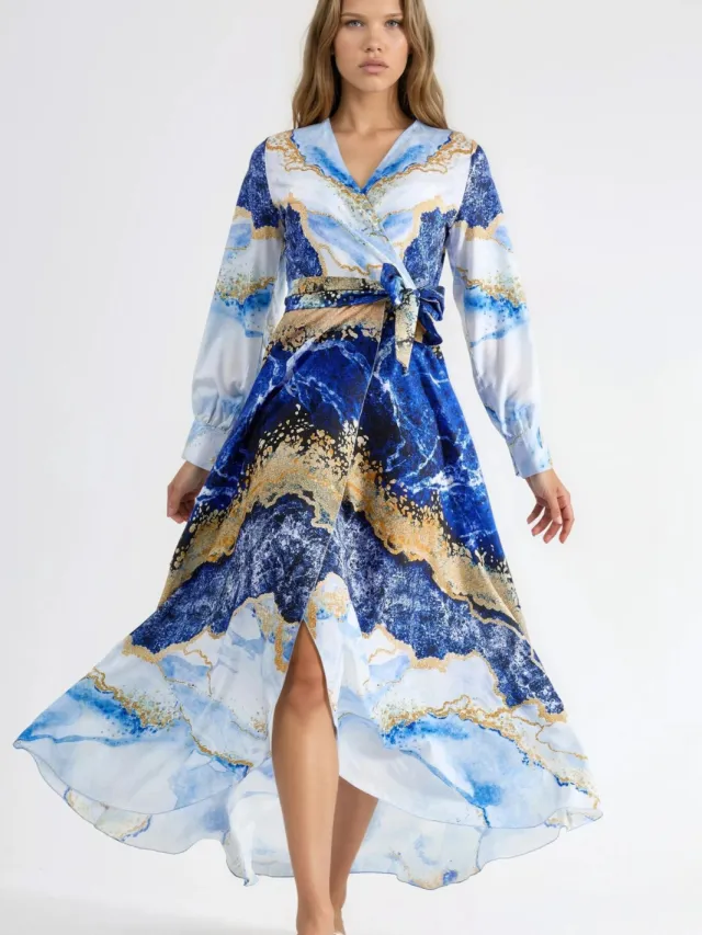 MSN Collection Abstracte Print Lange Mouw Maxi Jurk met Strikdetail Blauw