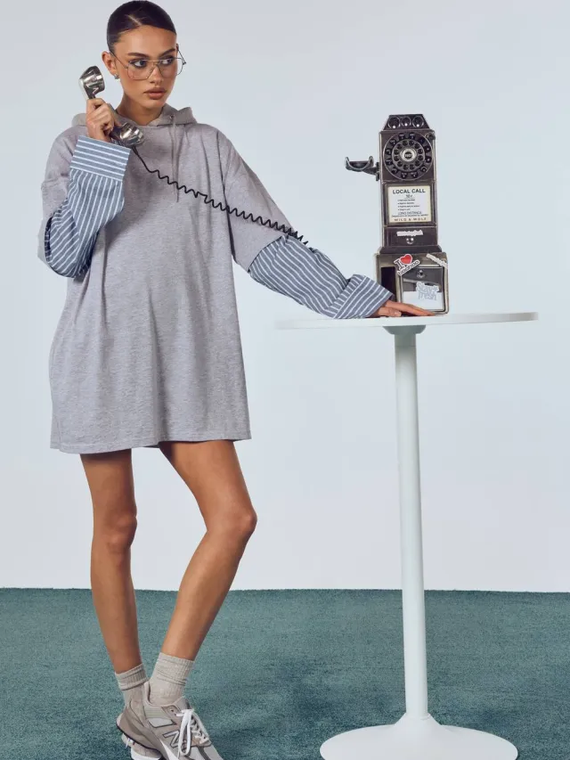 boohoo Dames Gestreept Katoenen Mouw Oversized T-shirtjurk Grijs