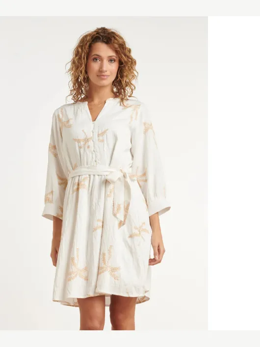 Smashed Lemon Crème jurk met goudkleurige palmprint en ceintuur Wit