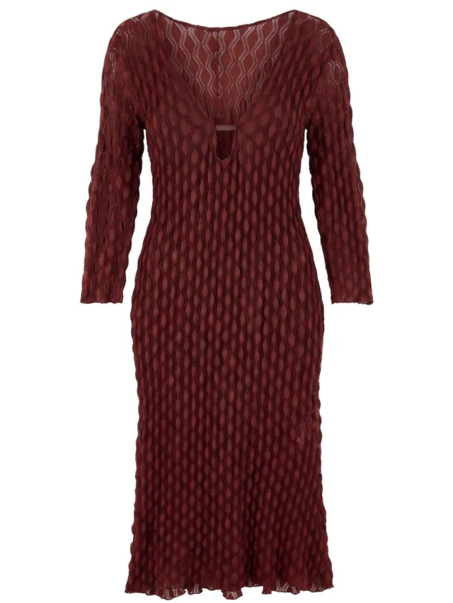 Trendyol Curve Dames Bordeaux Gestructureerd Midi Lang Bodycon Grote maten Jurk Bordeauxrood