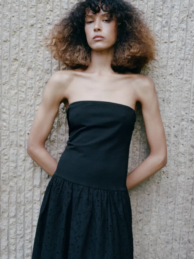 Mango strapless broderie maxi jurk - zwart