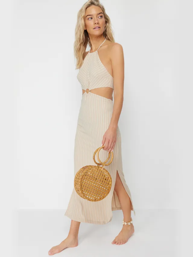 Trendyol TRENDYOLMİLLA Dames Beige Gestreept Midi Mouwloos Strandkleding Recht Strandjurken, foto 2