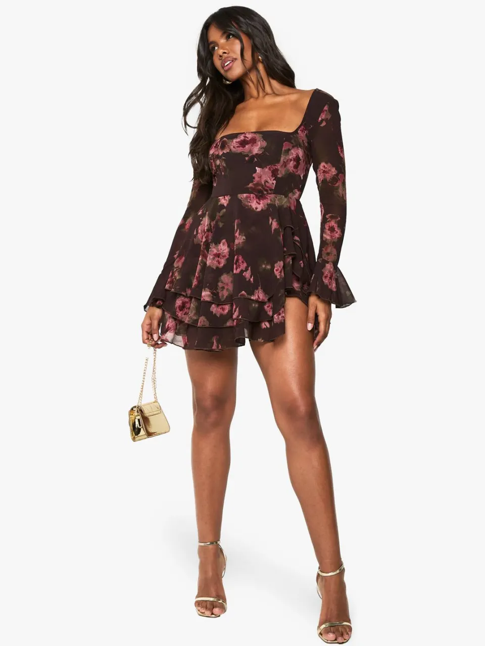 boohoo Dames Bloemrijke Chiffon Skaterjurk bruin, foto 3