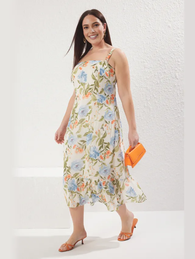 Trendyol Curve Dames Ecru Bloemen Midi Mouwloos Casual A-lijn Grote maten Jurk