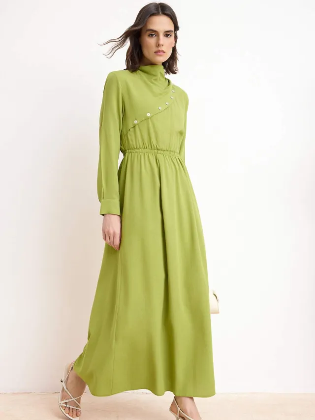 Turkishsouq Dames maxi-jurk, plat model, lang, casual/dagelijks, A-lijn model, geschikt voor hijab Kaki