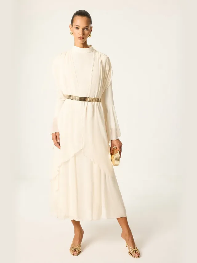 TOUCHÉ PRIVÉ Maxi-jurk met pomponmouwen en riem - Crème - Dames