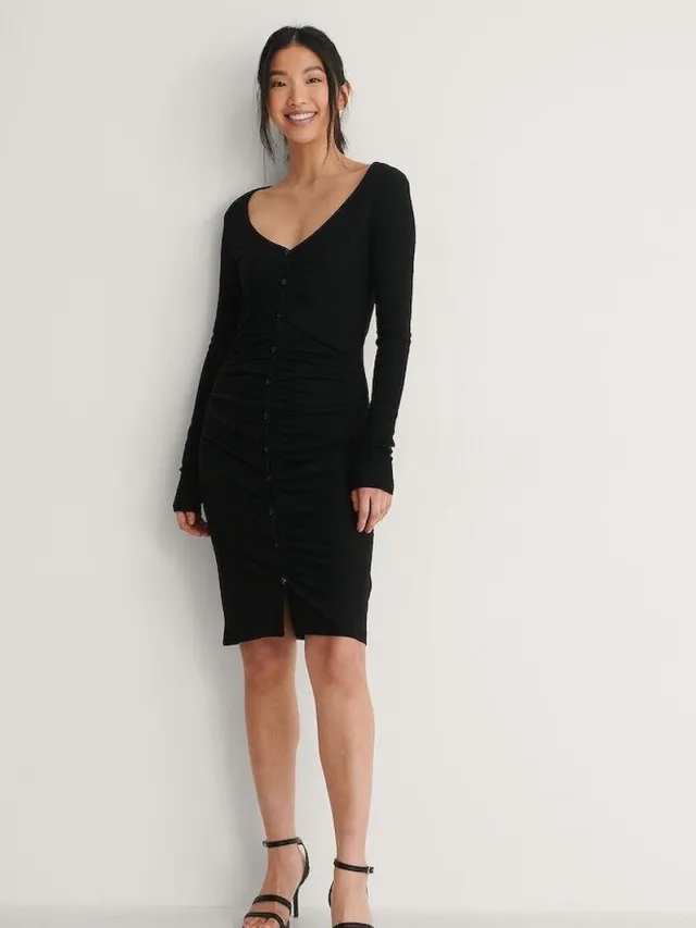 NA-KD Maat XS Rouched Ribbed Button Vrouwen Jurk - Black