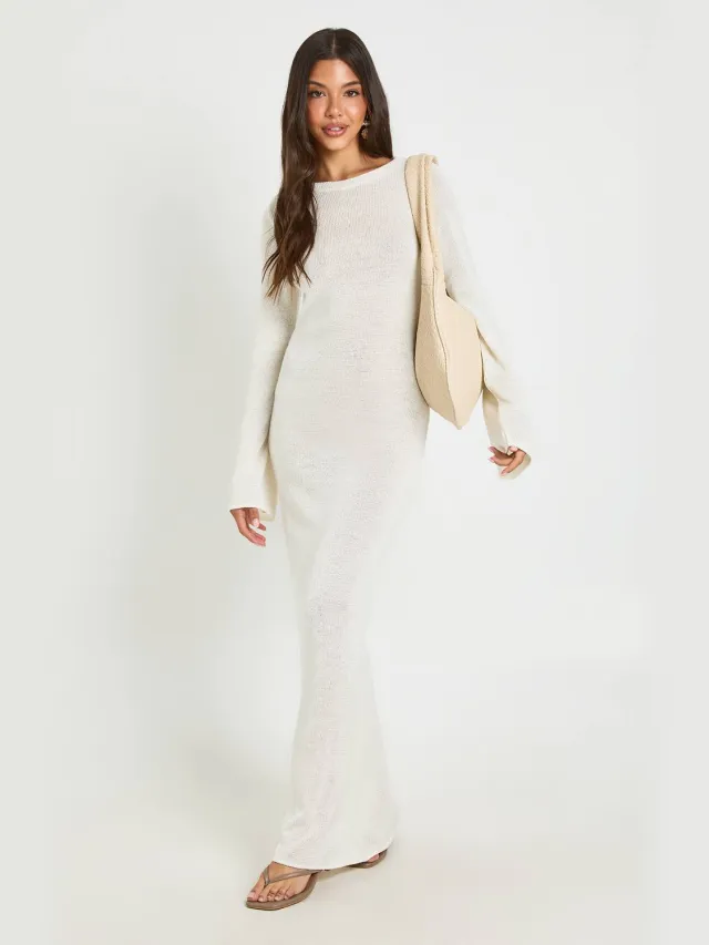 boohoo Dames Gebreide Maxi-jurk Met Boothals En Lange Mouwen Ecru