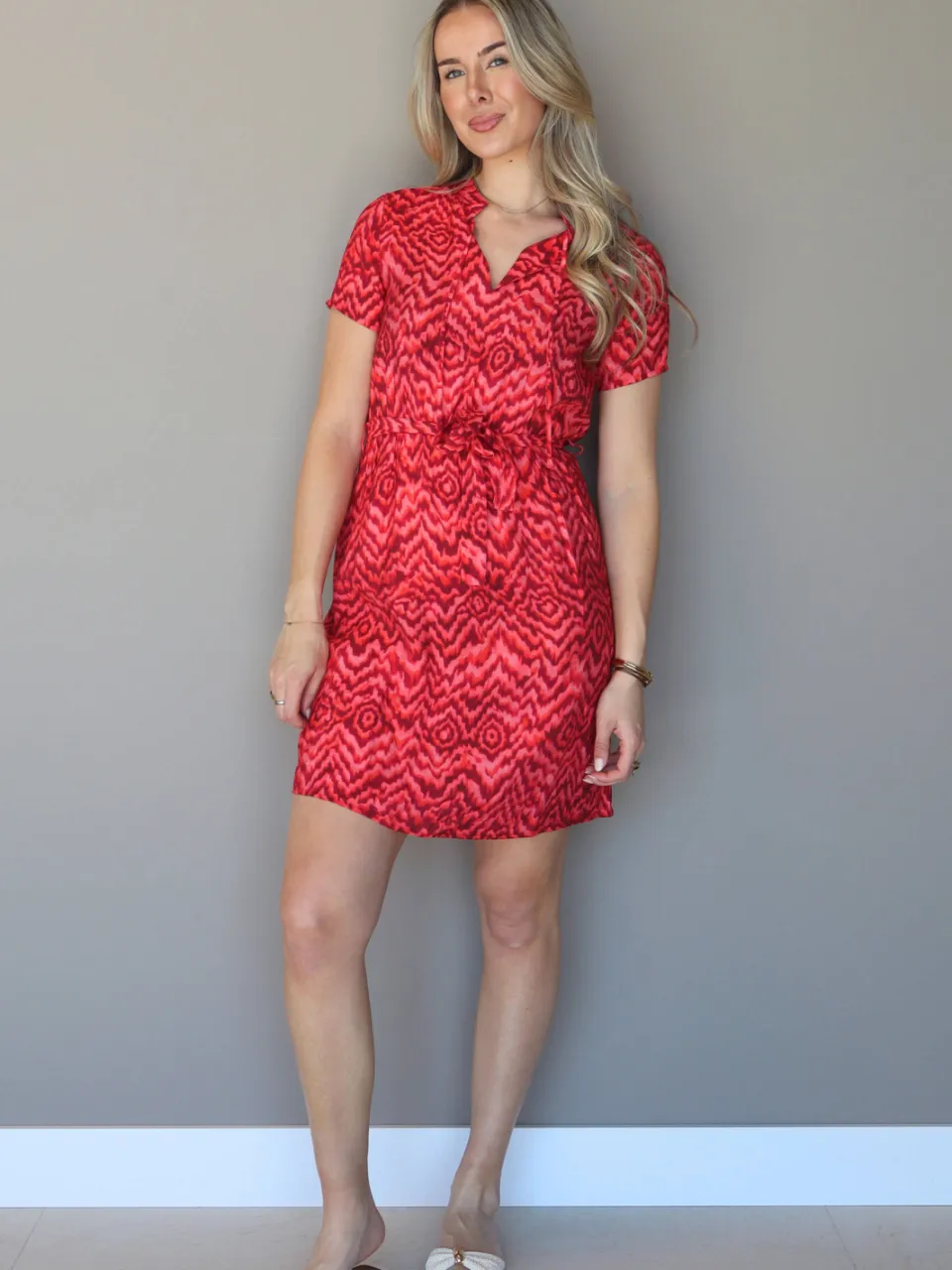 Elvira Collections viscose korte zomerjurk met print - roze Roze/rood