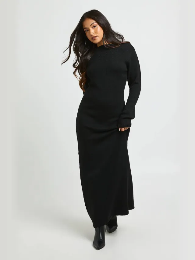 boohoo Dames Petite Gebreide Maxi Jurk Met Slash Halslijn Zwart