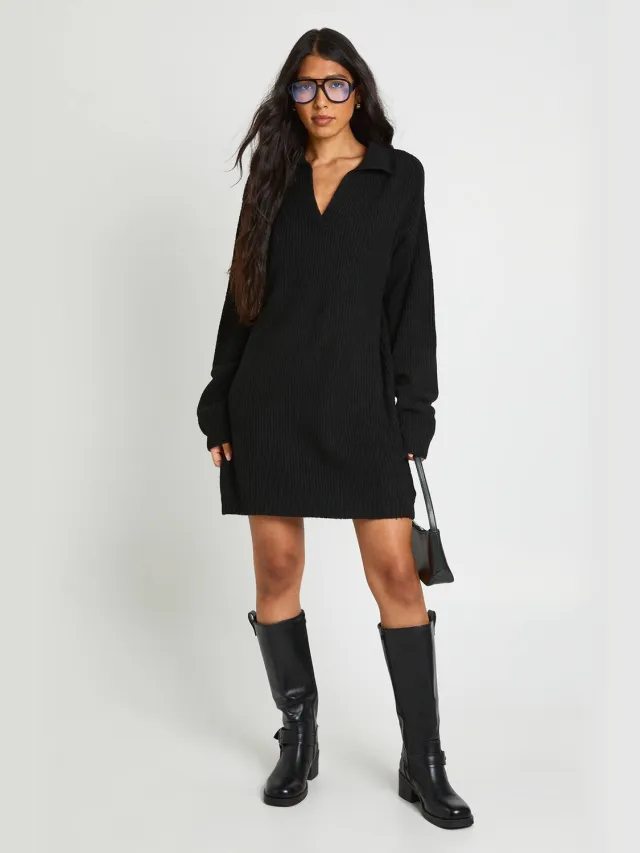boohoo Dames Gebreide Mini-jurk Met Hoge Kraagdetail En Oversized Rugby-pasvorm Zwart