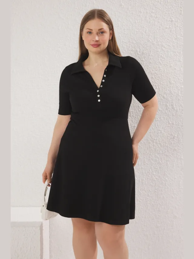 Trendyol Curve Dames Zwart Effen Kort / Mini Kort Casual Skater Grote maten Jurk