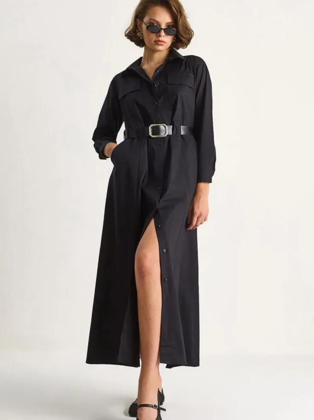 Bianco Lucci Maxi-jurk met lange mouwen, knoopsluiting en overhemdkraag Zwart