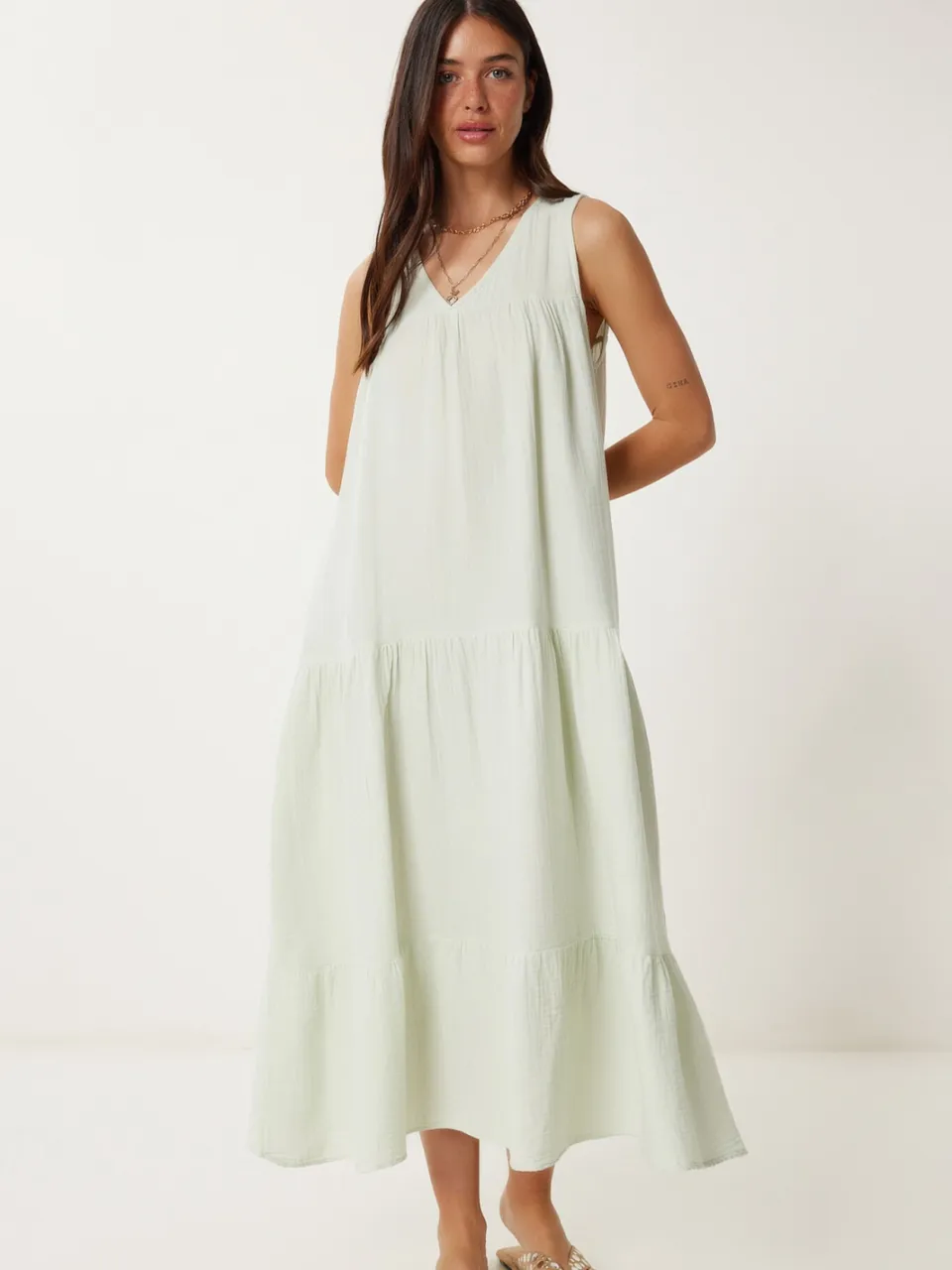 Happiness Istanbul Rimpel V-hals Midi-jurk mint, foto 2