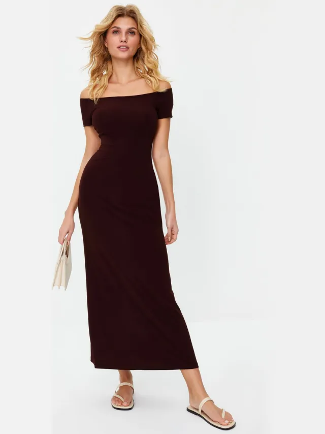 Trendyol TRENDYOLMİLLA Dames Bruin Effen Maxi Kort Casual Bodycon Jurken