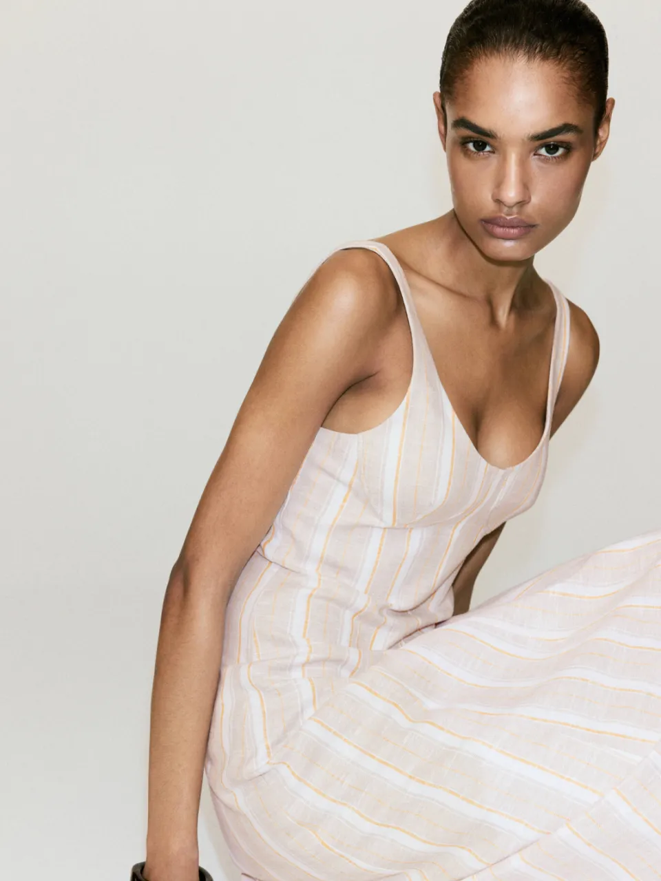 Mango gestreepte maxi zomerjurk met linnen - beige, foto 3